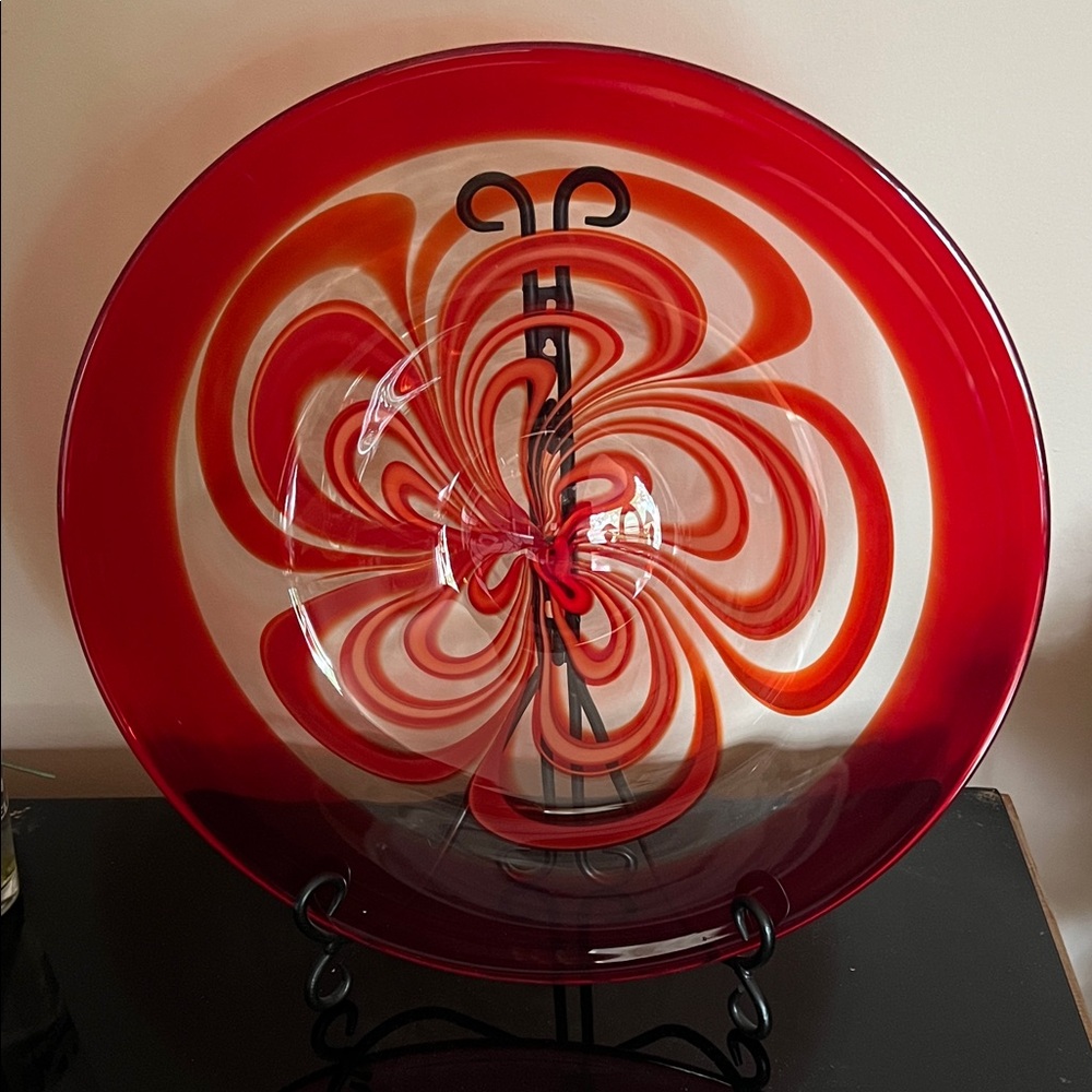 Elegant Red Swirl Glass Art Plate